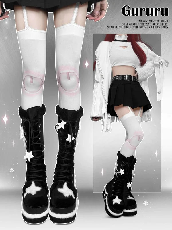 Y2K Subculture Star Plush Mid Calf Boots