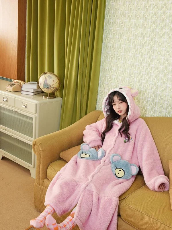 Pink Bear Coral Velvet Padded Thickened Long Pajamas