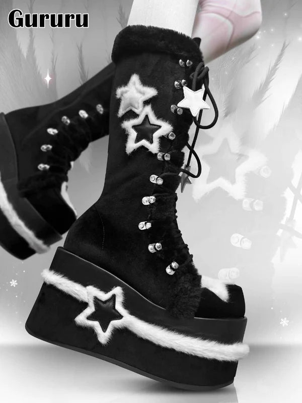 Y2K Subculture Star Plush Mid Calf Boots