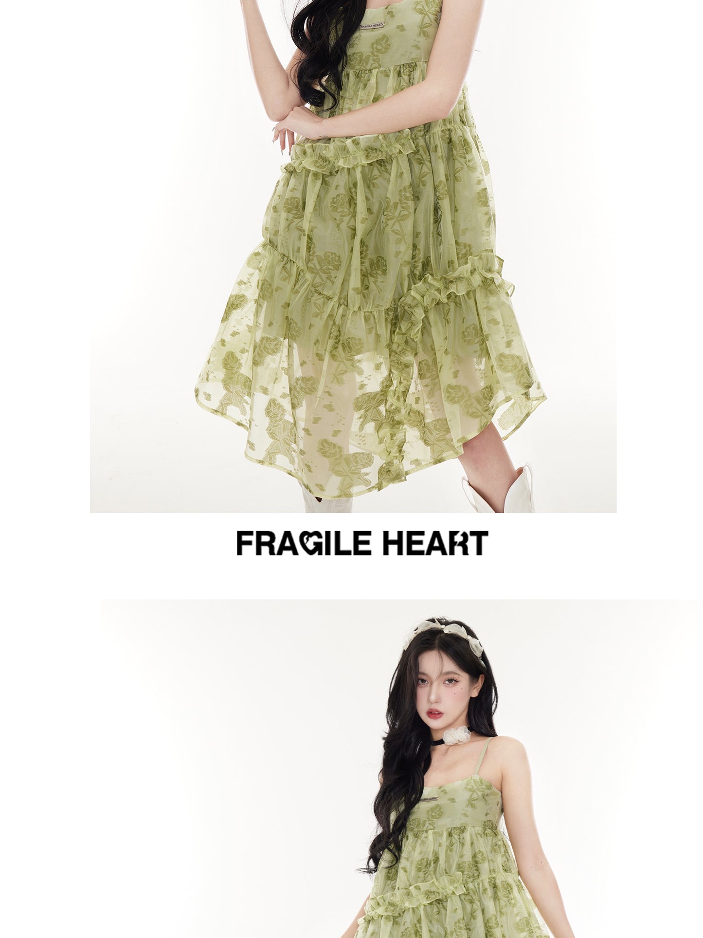 Milk Green Spinach Skirt" - Original vacation style girly spring floral print suspender skirt.