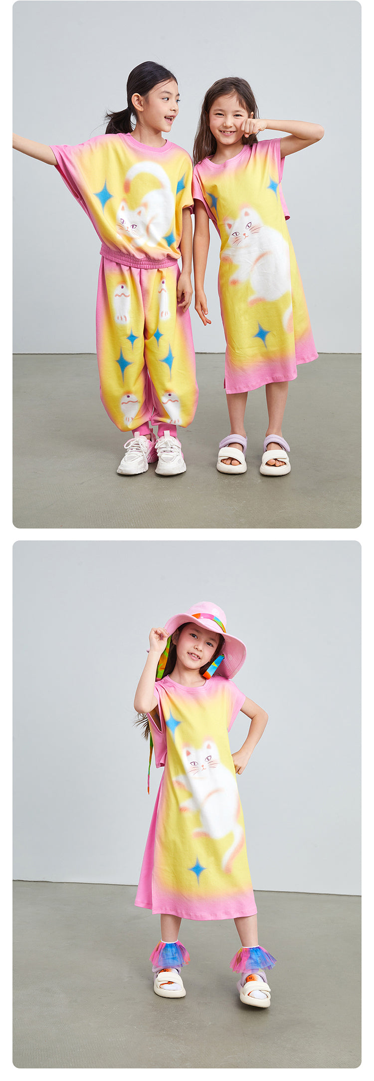 Pocoblush Original Design: Cat Under the Starry Sky Dress for Girls, New Summer Style T-shirt Long Dress for Little Girls