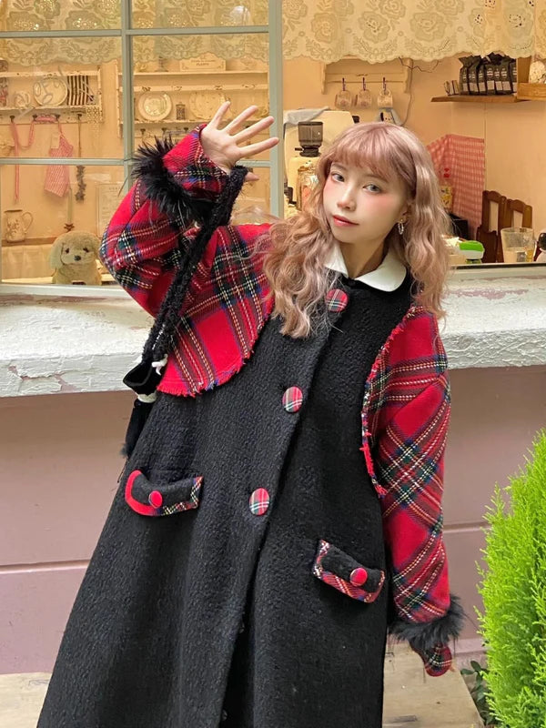 Retro Plaid Long Wool Coat