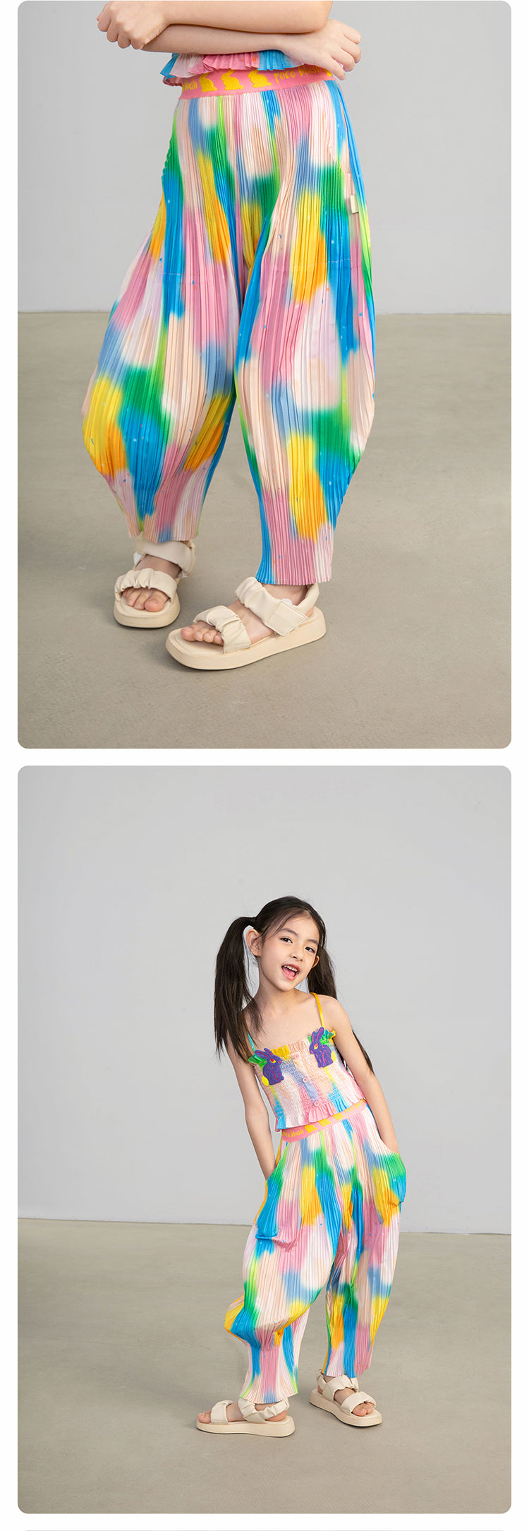 Pocoblush Original Design: Neon Phantom Rabbit Pleated Long Pants for Girls, Summer Elastic Loose Casual Pants