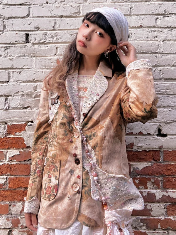 Retro Velvet Splicing Various Buttons Floral Jacket