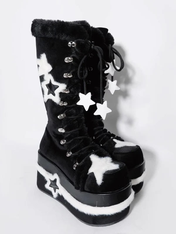 Y2K Subculture Star Plush Mid Calf Boots