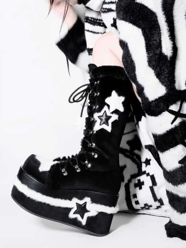 Y2K Subculture Star Plush Mid Calf Boots