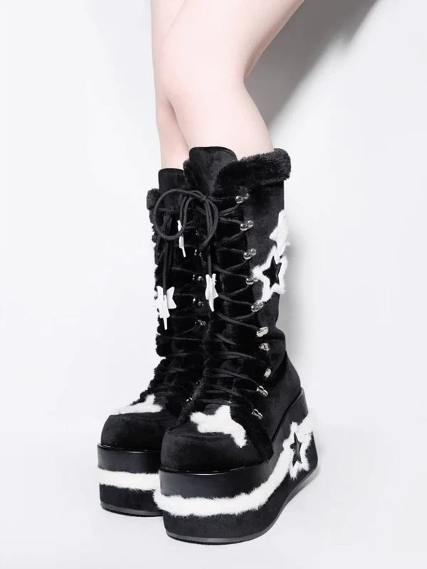 Y2K Subculture Star Plush Mid Calf Boots