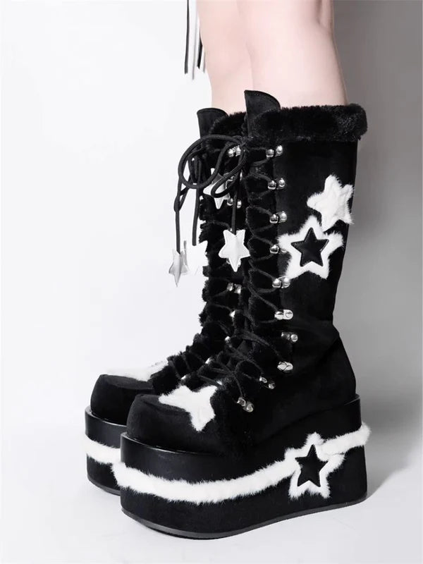 Y2K Subculture Star Plush Mid Calf Boots