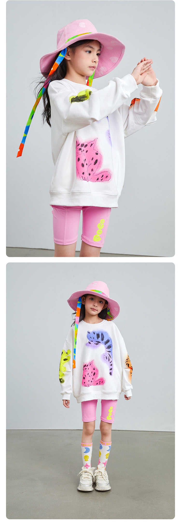 Pocoblush Original Design: Artistic Cat Print Sweatshirt, Spring/Autumn Girls' Long Sleeve Top