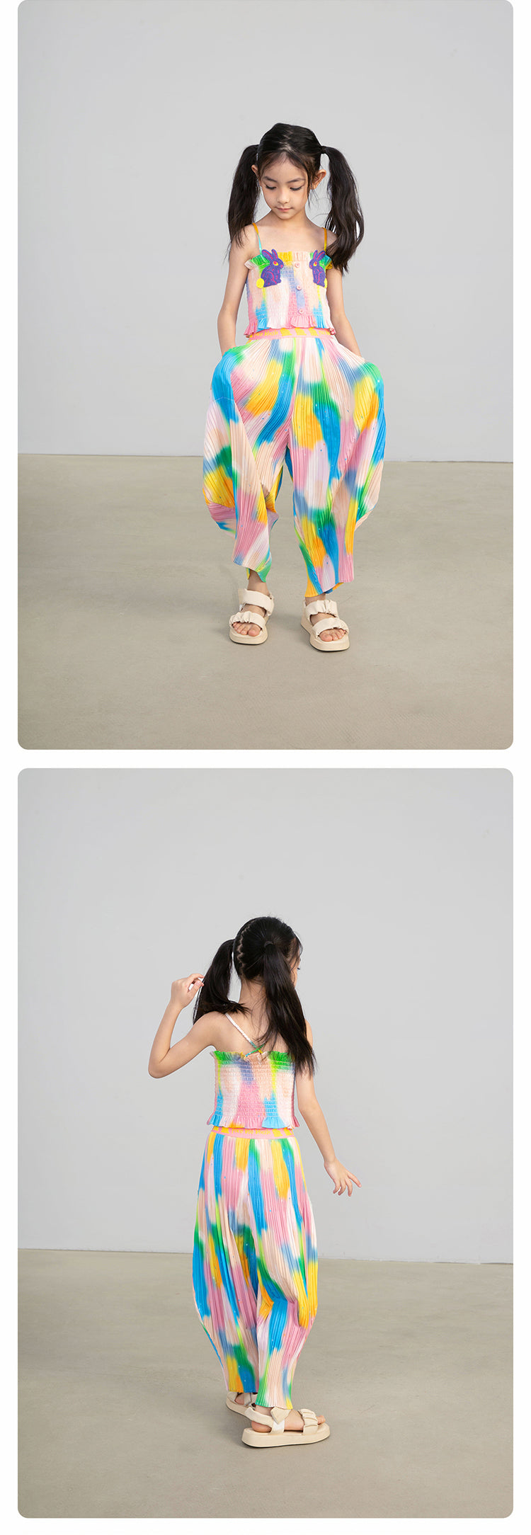 Pocoblush Original Design: Neon Phantom Rabbit Pleated Long Pants for Girls, Summer Elastic Loose Casual Pants