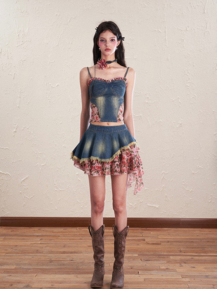 Denim Flower Mix Asymmetry Ciffon Feminine Tops & Mini-Skirt