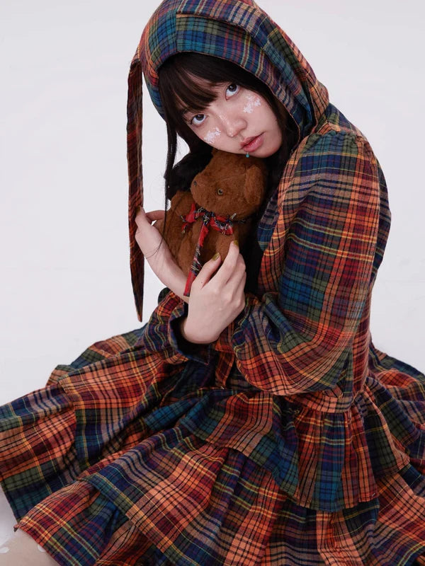 Retro Cute Fluffy Cake Rabbit Ear Plaid Dress