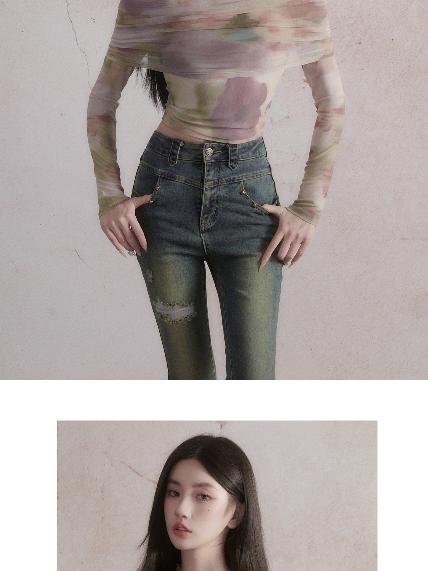 Exquisite Pictorial: Sweet and Spicy One-Shoulder Top with Tie-Dye Print Long Sleeves T-shirt