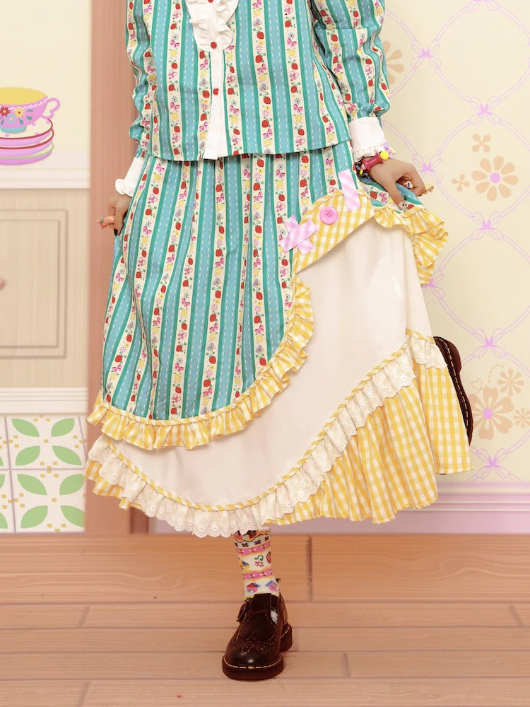 Fancy Frill Lace Flower Stripe Girly Asymmetry Long-Skirt- Outfits Aesthetic