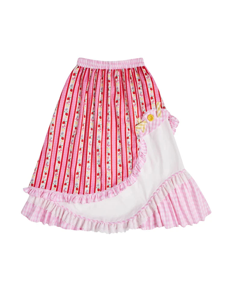 Fancy Frill Lace Flower Stripe Girly Asymmetry Long-Skirt- Outfits Aesthetic