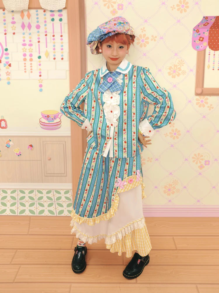 Fancy Frill Ribbon Flower Stripe Girly Pop Blouse- Outfits Aesthetic