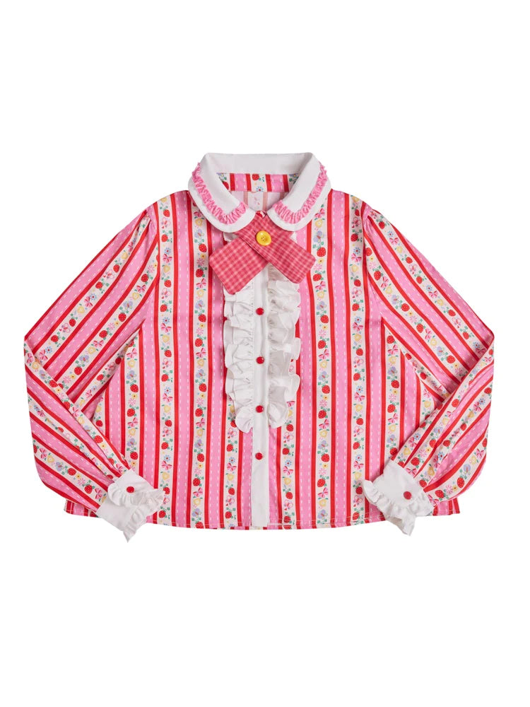 Fancy Frill Ribbon Flower Stripe Girly Pop Blouse- Outfits Aesthetic