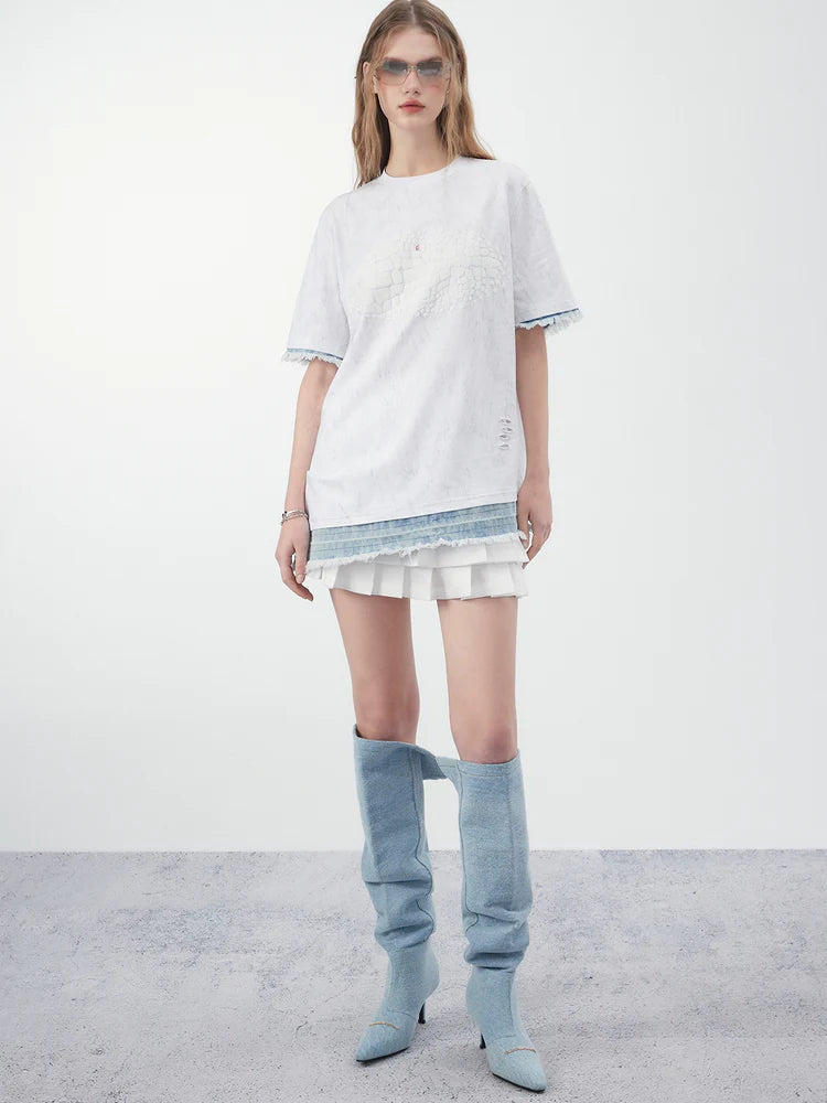 Asymmetry Lace Tie-Dye Tassel T-Shirt- Simple Outfits