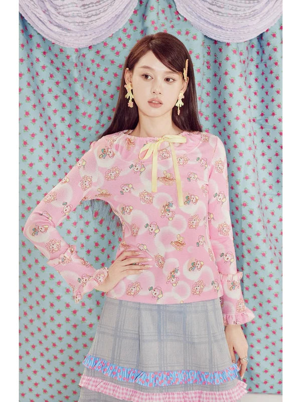 Shimizu Illustration Cute Bear Geometric Pattern Bell Sleeve Knit Tops