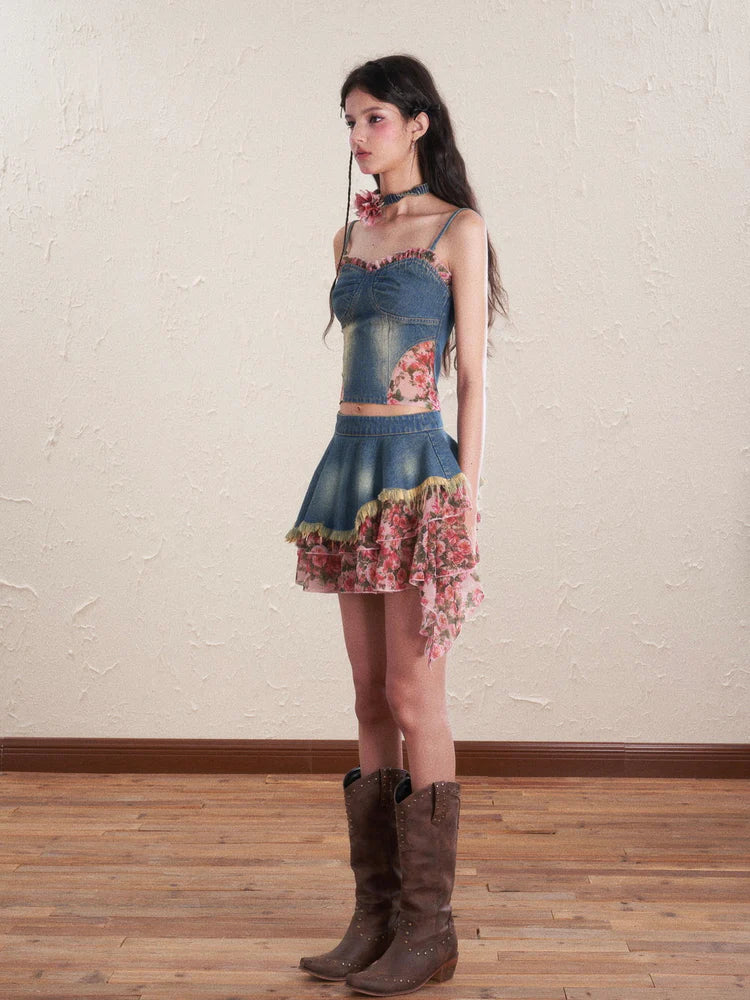 Denim Flower Mix Asymmetry Ciffon Feminine Tops & Mini-Skirt