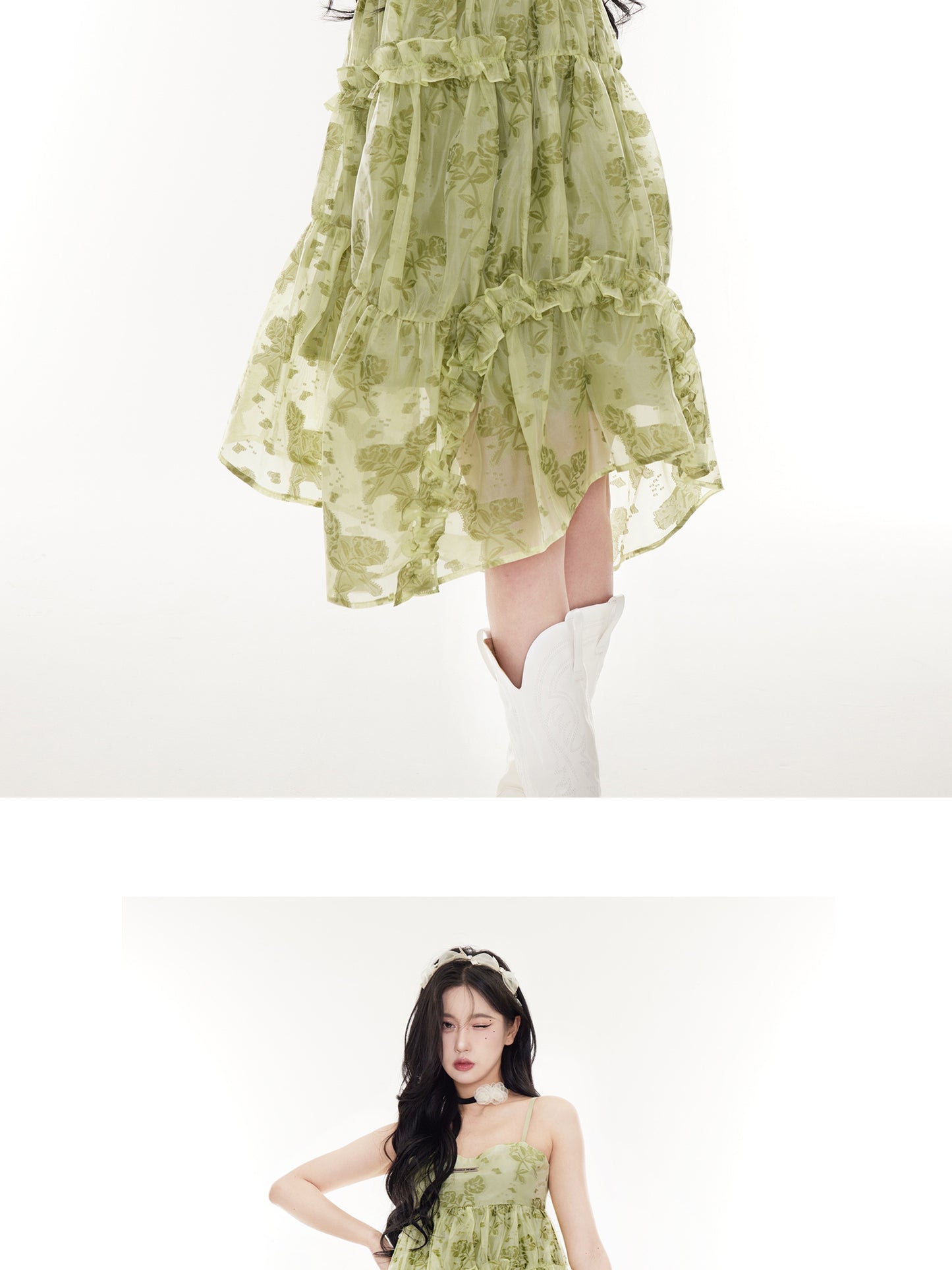 Milk Green Spinach Skirt" - Original vacation style girly spring floral print suspender skirt.