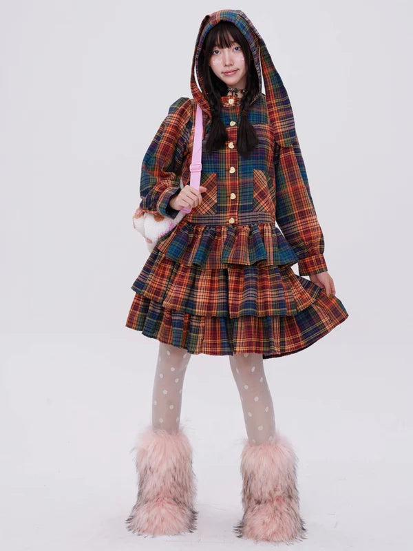 Retro Cute Fluffy Cake Rabbit Ear Plaid Dress