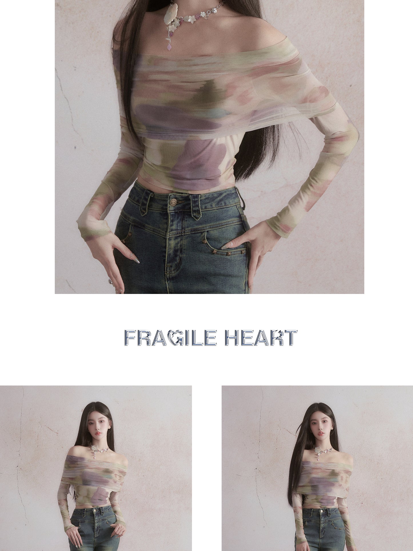 Exquisite Pictorial: Sweet and Spicy One-Shoulder Top with Tie-Dye Print Long Sleeves T-shirt