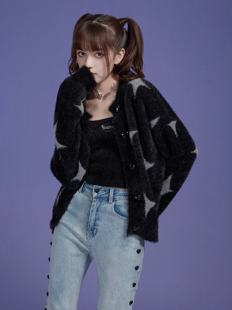 Star Fluffy Knit Camisole ＆Cardigan Set-Up