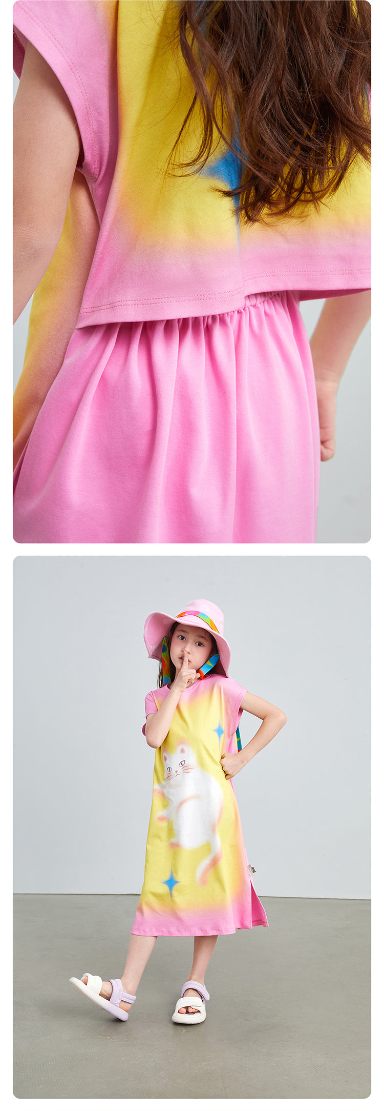 Pocoblush Original Design: Cat Under the Starry Sky Dress for Girls, New Summer Style T-shirt Long Dress for Little Girls