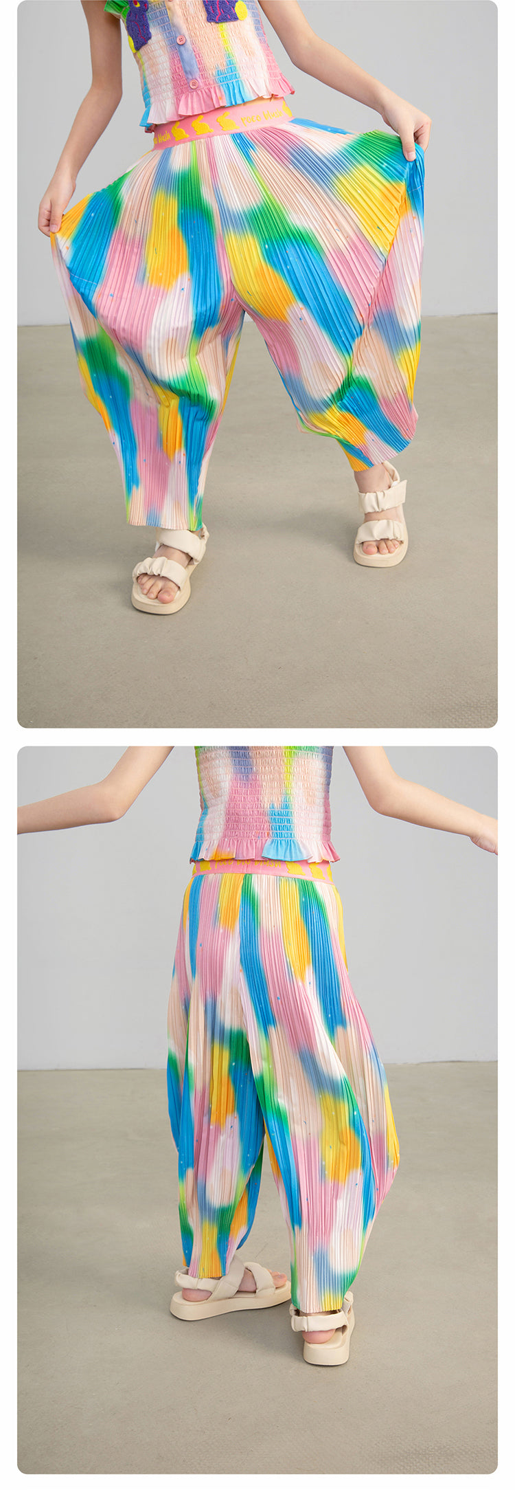 Pocoblush Original Design: Neon Phantom Rabbit Pleated Long Pants for Girls, Summer Elastic Loose Casual Pants