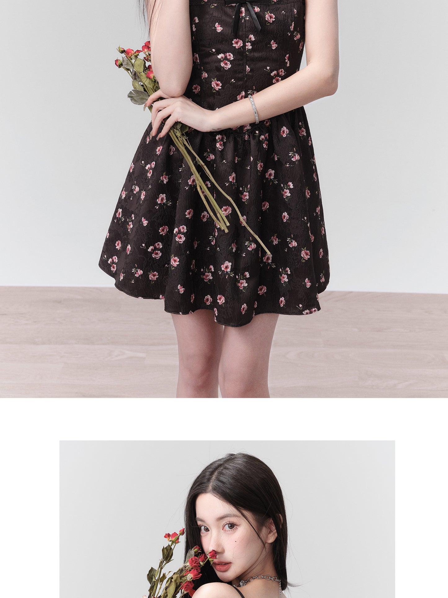 Dropping Rose Garden" - Exquisite floral dress, exuding a romantic and elegant atmosphere, perfect for a charming date.