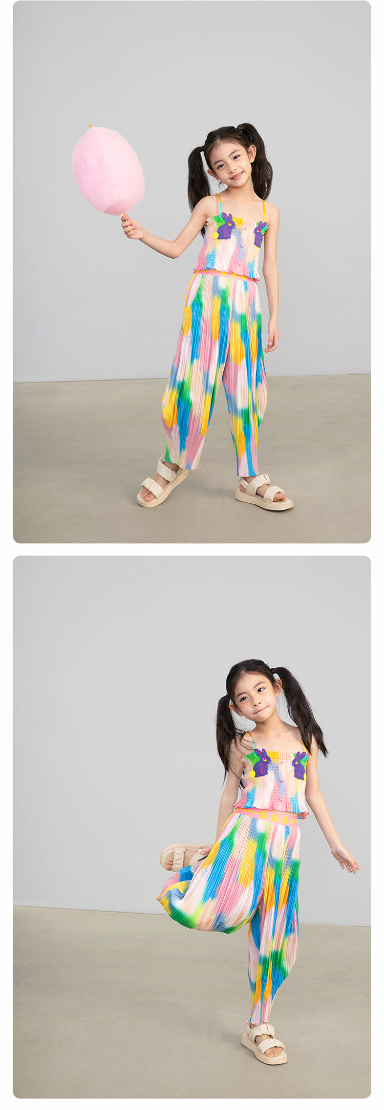 Pocoblush Original Design: Neon Phantom Rabbit Pleated Long Pants for Girls, Summer Elastic Loose Casual Pants