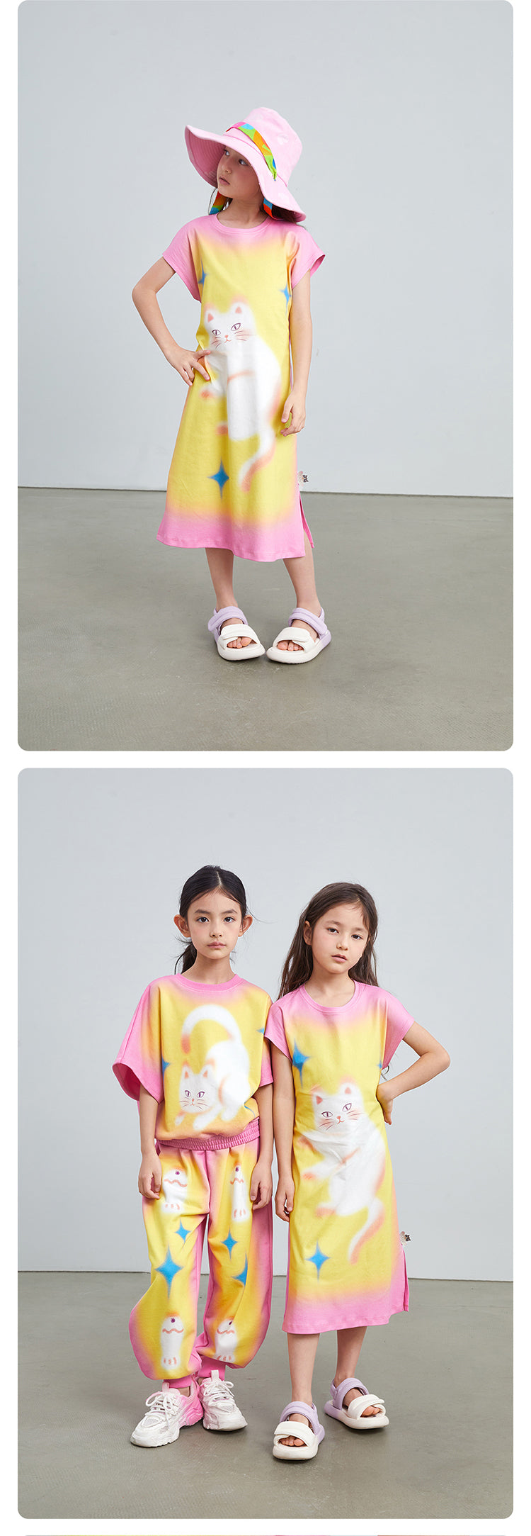 Pocoblush Original Design: Cat Under the Starry Sky Dress for Girls, New Summer Style T-shirt Long Dress for Little Girls