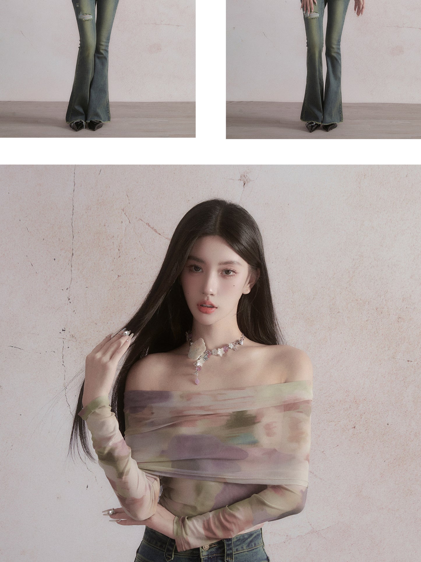 Exquisite Pictorial: Sweet and Spicy One-Shoulder Top with Tie-Dye Print Long Sleeves T-shirt