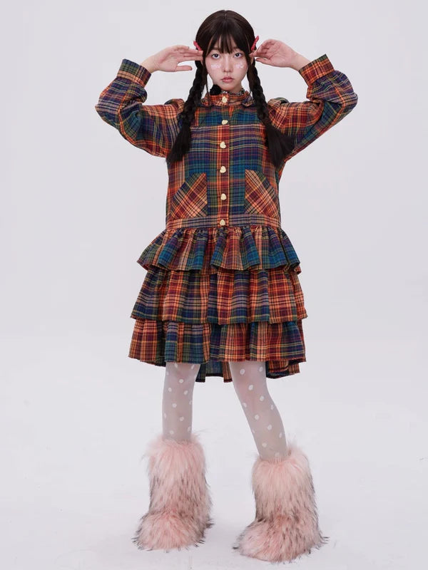 Retro Cute Fluffy Cake Rabbit Ear Plaid Dress