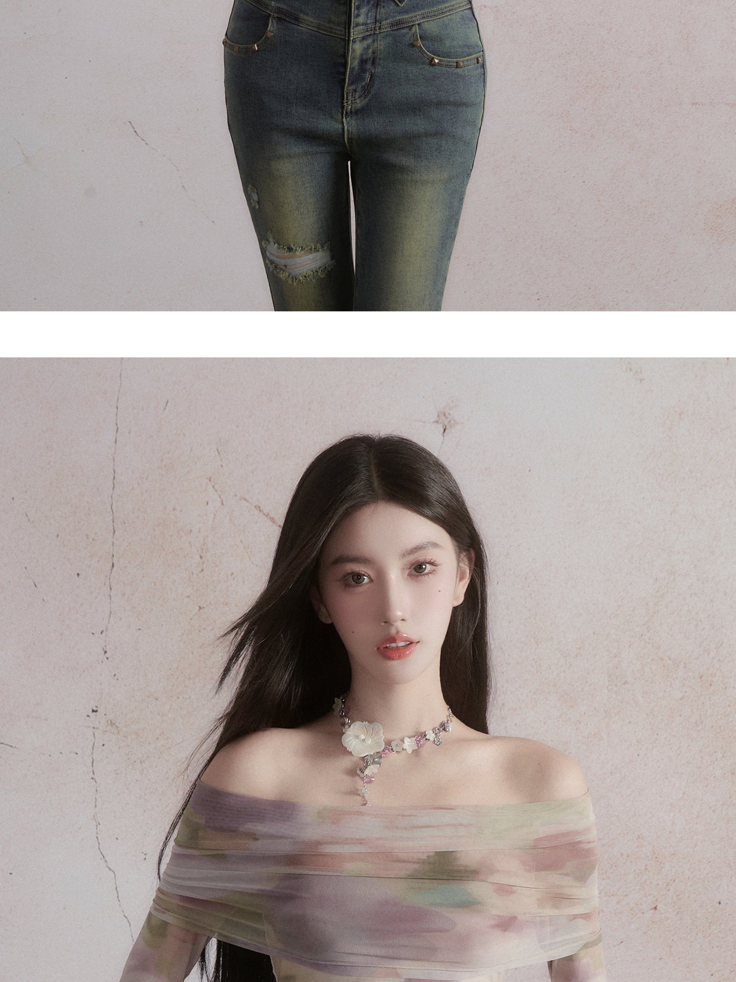 Exquisite Pictorial: Sweet and Spicy One-Shoulder Top with Tie-Dye Print Long Sleeves T-shirt