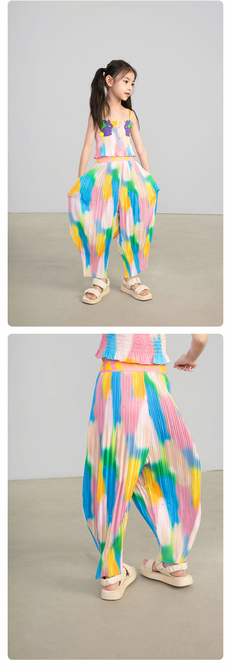 Pocoblush Original Design: Neon Phantom Rabbit Pleated Long Pants for Girls, Summer Elastic Loose Casual Pants