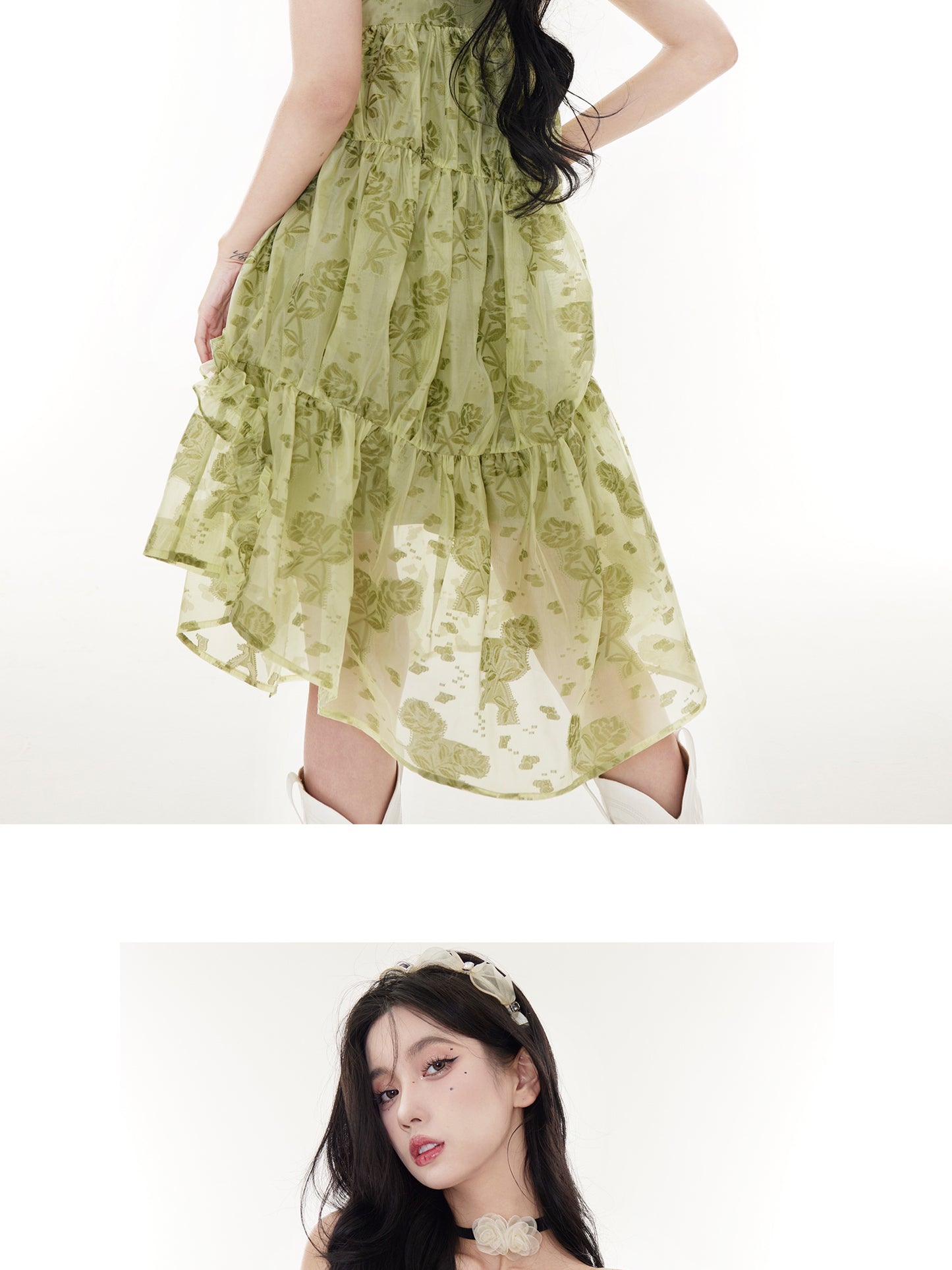 Milk Green Spinach Skirt" - Original vacation style girly spring floral print suspender skirt.