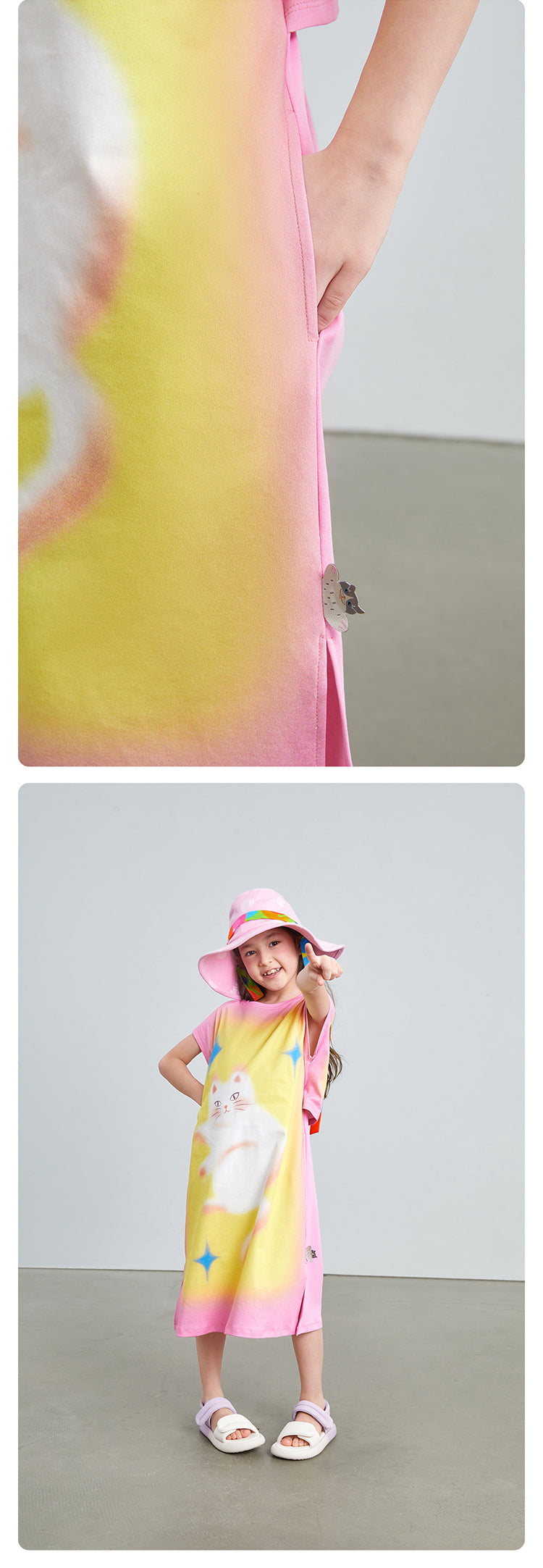 Pocoblush Original Design: Cat Under the Starry Sky Dress for Girls, New Summer Style T-shirt Long Dress for Little Girls