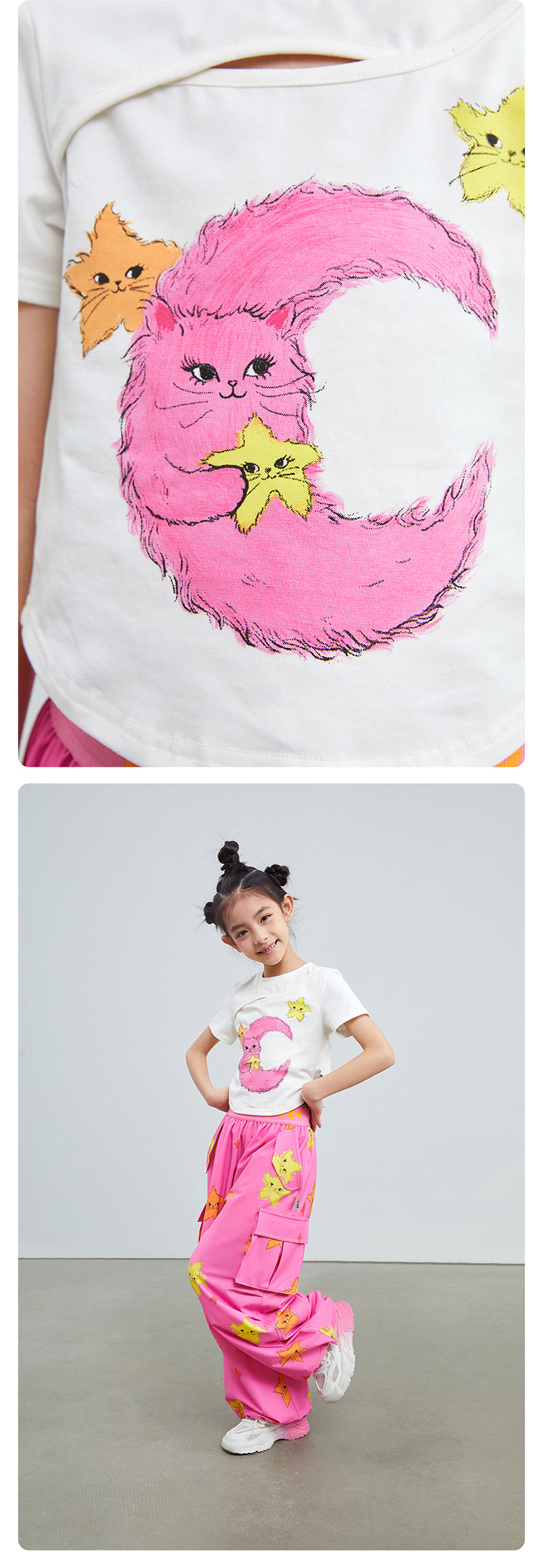 pocoblush Original Design Starry Moon Cat T-shirt for Girls Summer 2024 New White Print Pure Cotton Short Sleeve