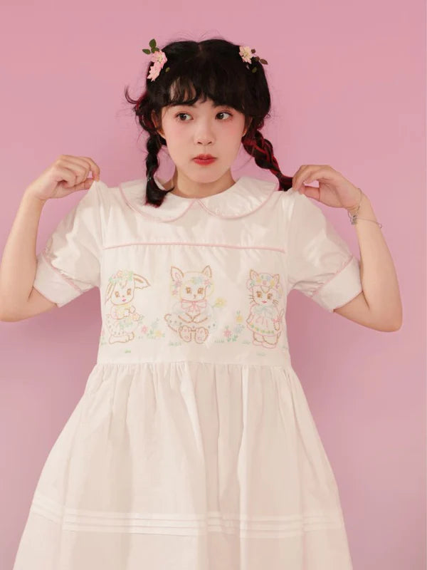 Vintage Animal Embroidery Hand Doll Collar Dress