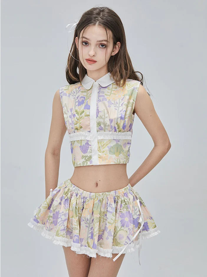 Flower Checked Lace Nichi Cute Blouse & Mini-Skirt- Outfits Aesthetic