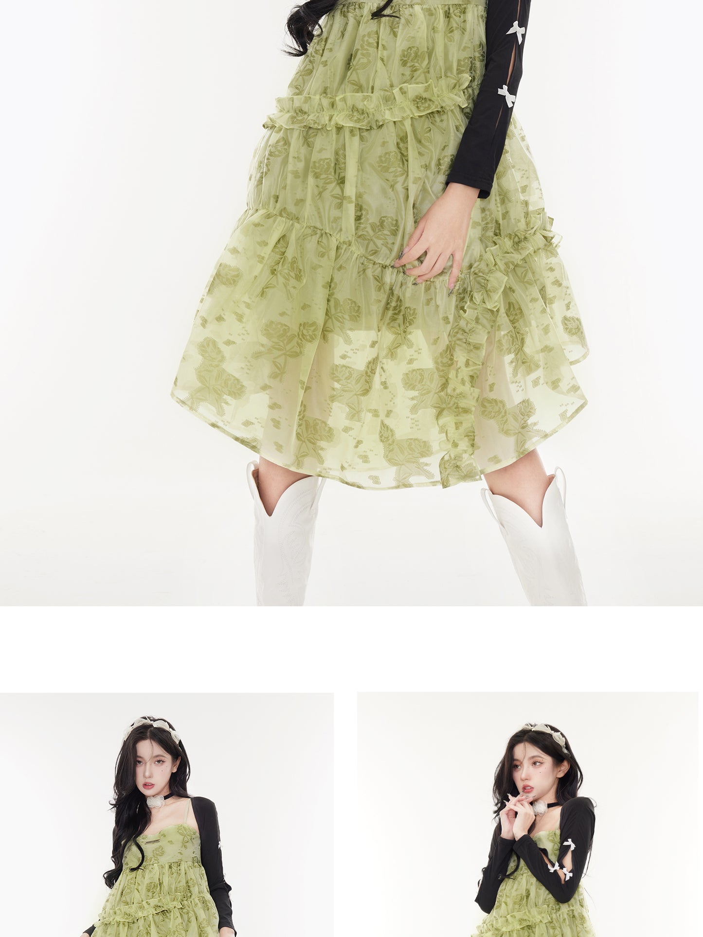 Milk Green Spinach Skirt" - Original vacation style girly spring floral print suspender skirt.