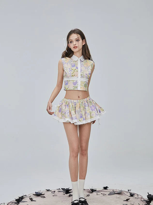 Flower Checked Lace Nichi Cute Blouse & Mini-Skirt- Outfits Aesthetic