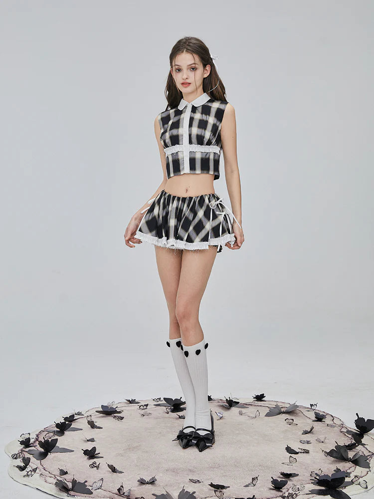 Flower Checked Lace Nichi Cute Blouse & Mini-Skirt- Outfits Aesthetic