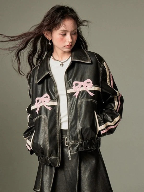 Bowknot Retro Color Painted Leather Jacket