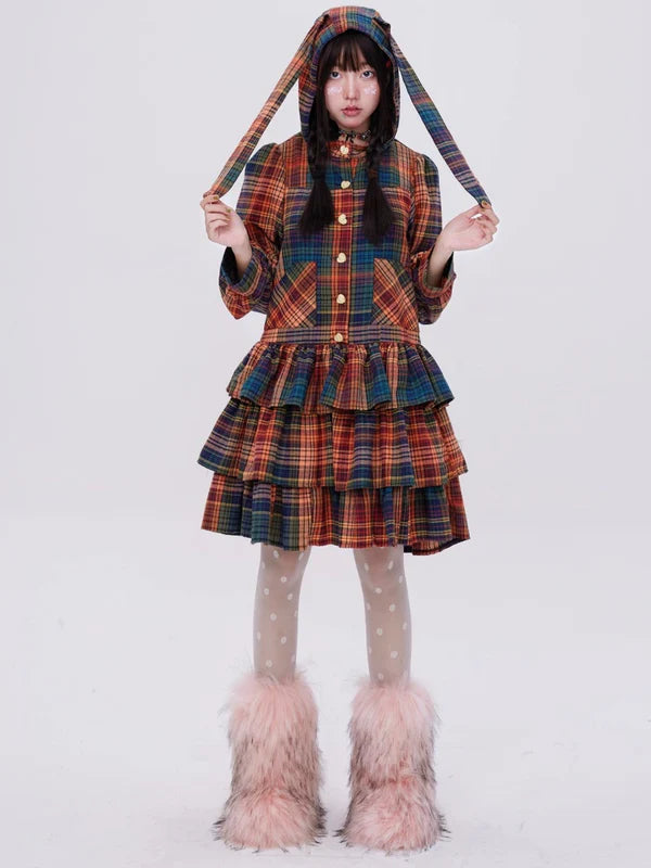 Retro Cute Fluffy Cake Rabbit Ear Plaid Dress