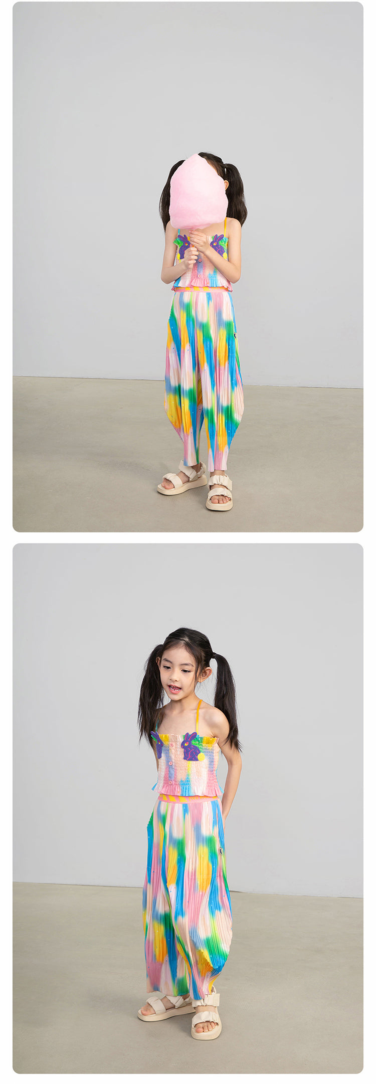 Pocoblush Original Design: Neon Phantom Rabbit Pleated Long Pants for Girls, Summer Elastic Loose Casual Pants