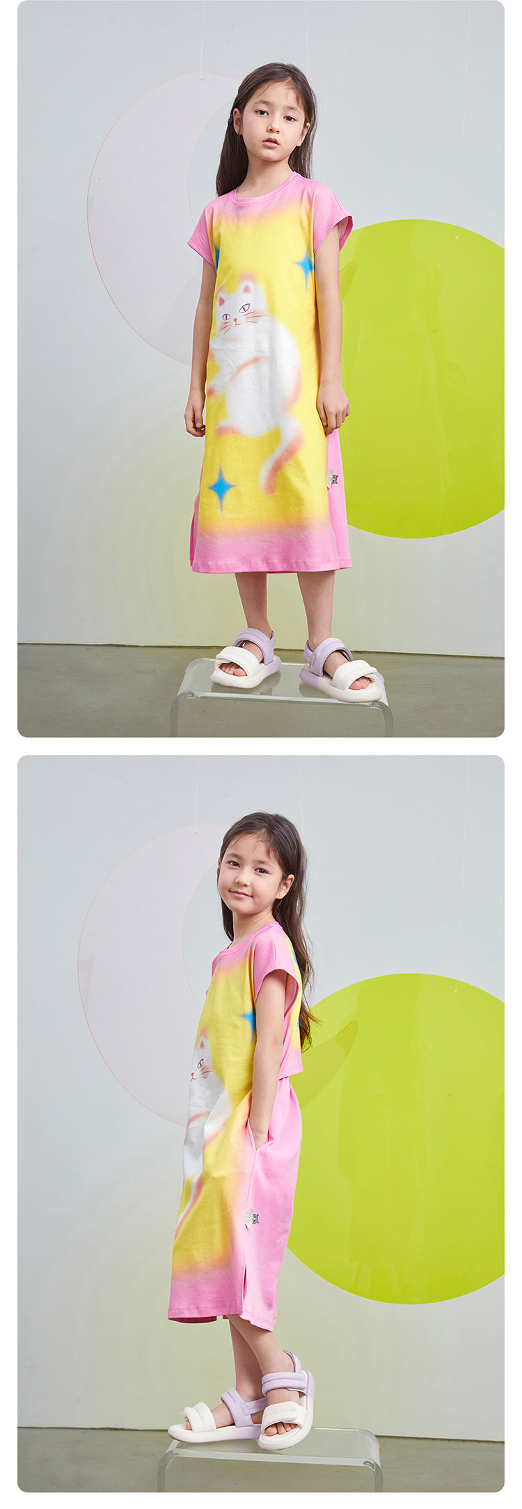 Pocoblush Original Design: Cat Under the Starry Sky Dress for Girls, New Summer Style T-shirt Long Dress for Little Girls