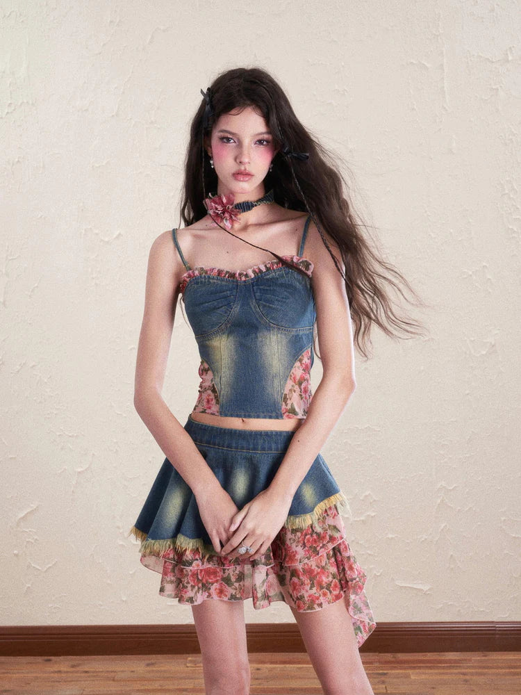 Denim Flower Mix Asymmetry Ciffon Feminine Tops & Mini-Skirt